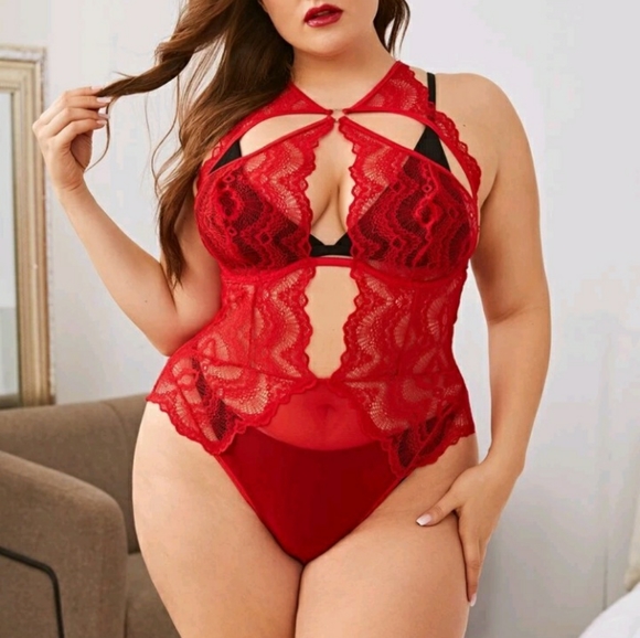 Red lace crossback teddy lingerie plus - Picture 3 of 4